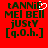 Red background with dark green pixelated text reading 'tANNiE MEL BELL jUStY [q.O.h.]' and a white heart symbol replacing the letter E in tANNiE on one side.
