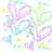 Pixelated floral design with pastel pink, blue, green, and purple swirls and yellow accents on white background.