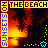 A 2x2 contact sheet of four animated frames showing a beach sunset scene with pixelated text and color variations in the border elements.