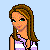 Pixel art of a female character in multiple views with 'Baby Girl' text on black backgrounds, wearing a purple polka-dot top and beige pants.