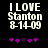Black background displays white pixelated text "I LOVE Stanton 8-14-09" with purple asterisks below, two versions differ in asterisk arrangement.
