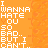 Four pixelated display identical text with distinct background colors and side patterns: orange, pink, green, and gray