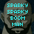 Pixelated image of a man's face with cyan text overlay reading SPARKY SPARKY BOOM MAN against dark background.