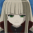 Pixelated anime-style character with long straight silver hair, green eyes, and a neutral expression wearing a dark red and black outfit against a blue background.