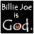 A contact sheet of five animated frames showing the text "Billie Joe is God." with a heart symbol replacing the 'o' in "God" on each frame, changing color across frames from red to cyan to green to purple to yellow.