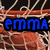 Pixelated blue text 'EMMA' on black background with red and beige patterned border.