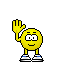Yellow cartoon character with blue shoes waves while speech bubbles display 'Hi' text in multiple positions.