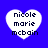 Four white heart-shaped icons with black text 'nicole marie mcbain' on a solid blue background, arranged in a