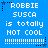 Blue background with white pixelated text reading "ROBBIE SUSCA is totally HOT COOL" and horizontal dotted lines, surrounded by black and blue star icons.