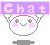 Pixelated character with pink cheeks and gray eyes holds a purple banner reading 'Chat' against a gray background.