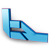 Pixelated blue and cyan L-shaped structure with dark blue accents on a gray background.