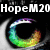 A static icon featuring a stylized eye with a rainbow-colored iris and the text 'HopeM20' in white on black background.