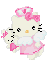 Pixelated cartoon cat in pink dress with white wings, holding small kitten; head turned right, eyes closed, blue sparkles near face.