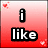 A static image with a red gradient background displaying 'i like' text above a of colorful heart icons and '<3' symbol