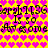 Pixelated text and heart patterns on a yellow background with pink-to-orange gradient hearts, showing two animation states.