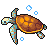 Pixel art turtle with brown shell and blue-green limbs swimming left against gray background, three light-blue pixel bubbles floating nearby.