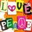 colorful letter and symbol , featuring 'LOVE' with a heart icon replacing the 'O', 'PEACE' with a peace sign replacing the 'A', and other letters on solid backgrounds