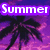 Pixelated image of palm trees against a purple-pink gradient sky with the word 'Summer' in white text on a blue background.