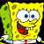 Pixelated cartoon character with yellow sponge texture and green side, wearing white shirt and red tie, next to green background with pixelated text "Original Icons .com".