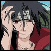 Pixelated anime character with dark hair and red eyes, wearing a red cloak and silver necklace, hand raised to head in six
