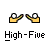 Pixelated icon shows two yellow objects with white circular tops and green-brown curved extensions, positioned side-by-side above black-and-white text reading "High-Five" on gray background.