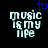 Pixelated text 'music is my life' in light blue on black background with a small blue heart symbol above the first word.