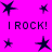 Bright pink background with dark blue star shapes and repeated "I ROCK!" text in pixelated font across the image.
