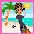 Pixel art beach scene with a character holding palm tree and sun, text reading 'did jesus look like him' in pink letters.