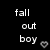 Animated icon with 'fall out boy' text in white and green on black background, pink and cyan hearts floating upward.