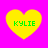 Four yellow heart shapes on a bright pink background, each containing green text reading KYLIE in pixelated font.