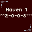 Pixelated animation with dark red background showing repeated 'Haven 1' text and '2-0-0-8' sequences, alternating star icons in light blue and brown.
