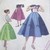 Three stylized female figures in A-line dresses with short sleeves and dark hair, standing side-by-side against a light background.