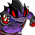 Pixelated character with purple body, black spiky hair, red eyes, and a wide red mouth showing teeth, holding a red object.