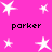 A static image with a bright pink background featuring multiple white star shapes and four instances of the text 'parker' in black pixelated font.