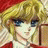 A 48x48 pixel buddy icon featuring a split composition with an anime-style character on the left and text elements on the right against a black background.