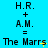 Pixelated text displays 'H.R. + A.M. = The Marrs' across three on a cyan background with yellow pixel artifacts