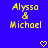 Blue background with yellow pixelated text 'Alyssa & Michael' and two yellow pixelated hearts at the bottom.
