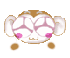 Pixelated cartoon monkey face with pink cheeks, brown ears and nose, closed eyes, and dangling earrings in four variations showing earring positions.