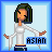 Pixel art icon of a woman with green-black hair in white traditional clothing holding a blue sign reading ASIAN against light blue background with layered borders.