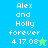 Pixelated text reads "Alex and Holly forever 4.17.08" with a star symbol on two color-blocked backgrounds.