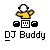 Pixelated static icon of a yellow stick figure with headphones, DJ equipment, and "DJ Buddy" text on gray background.