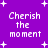 Purple background with white pixelated text 'Cherish the moment' repeated in four quadrants, surrounded by white plus signs and small dots.