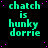 Green text reading 'chatch is hunky dorrrie' on black background with pink dots, arranged in a of identical repeated elements