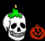 A 2x2 contact sheet of four animated frames showing a white skull with green candle wax on top, alternating between black eye sockets and red glowing eyes, next to an orange pumpkin with a smiling face that alternates between dark orange and bright yellow glow.