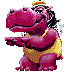 A pink cartoon hippopotamus with a yellow spotted vest and orange headband points left in multiple sequential poses against a gray background.