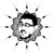 Black-and-white pixelated icon with central circular shape surrounded by radiating lines, featuring a stylized face-like form within the circle.