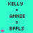 Cyan background displays three vertical of text with pink heart animations; each shows 'KELLY + ANNIE = BFFLS' with heart counts increasing from one to four