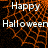 Animated Halloween-themed icon with orange spiderweb background and white text reading "Happy Halloween" in two lines.
