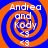 Four identical spiral-patterned icons with orange and blue colors, each displaying text "Andrea and Cody <3" in white.