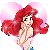 Pixelated heart-shaped icon with red-haired character in blue bikini top, pink background, and visible hand gesture.